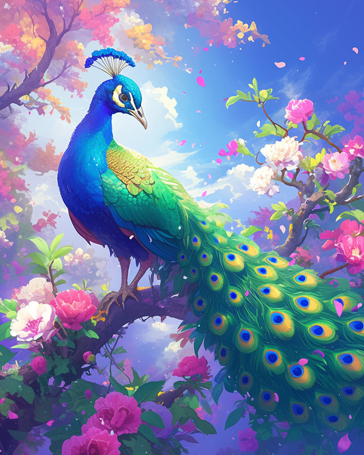 Pauw op een Roze en Wit Bloeiende Boom Diamond Painting