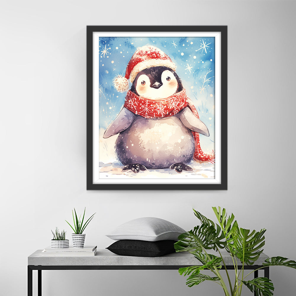 Pinguïn met Rode Sjaal en Hoed Diamond Painting