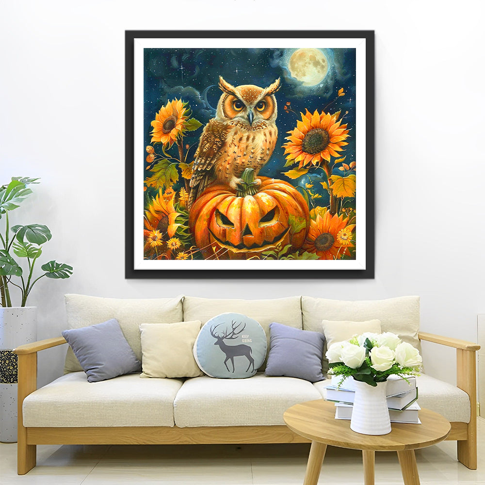 Pompoen en Uil in een Zonnebloemstruik Diamond Painting