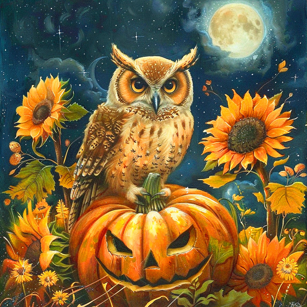 Pompoen en Uil in een Zonnebloemstruik Diamond Painting