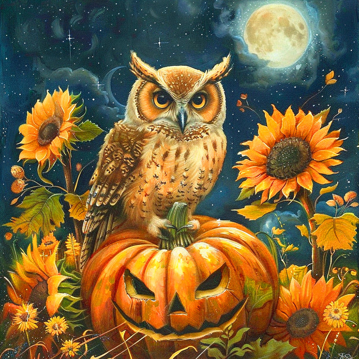 Pompoen en Uil in een Zonnebloemstruik Diamond Painting