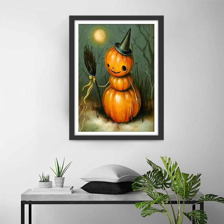 Pompoen-sneeuwpop en Heksenbezem in Halloween-sfeer Diamond Painting
