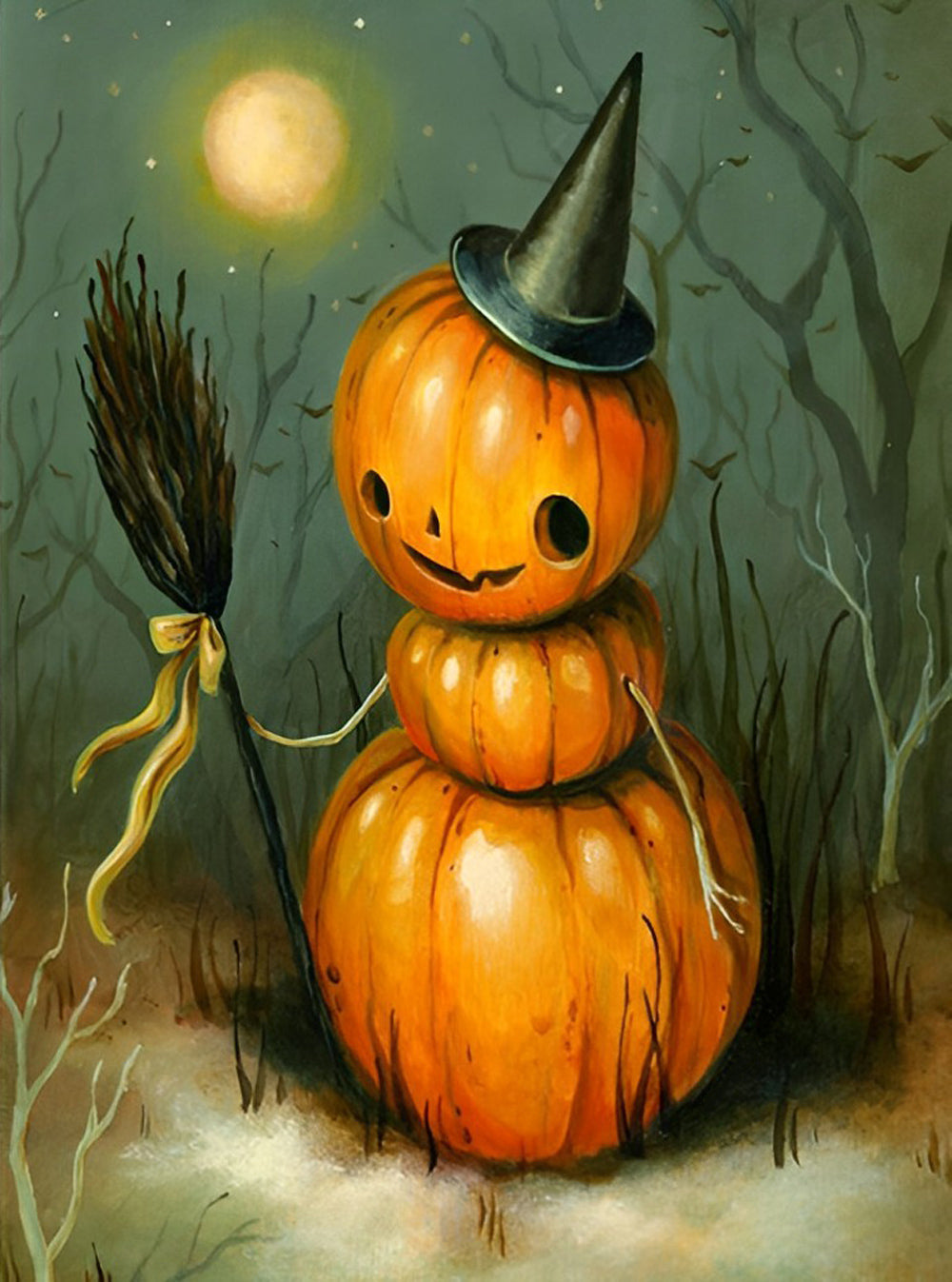Pompoen-sneeuwpop en Heksenbezem in Halloween-sfeer Diamond Painting