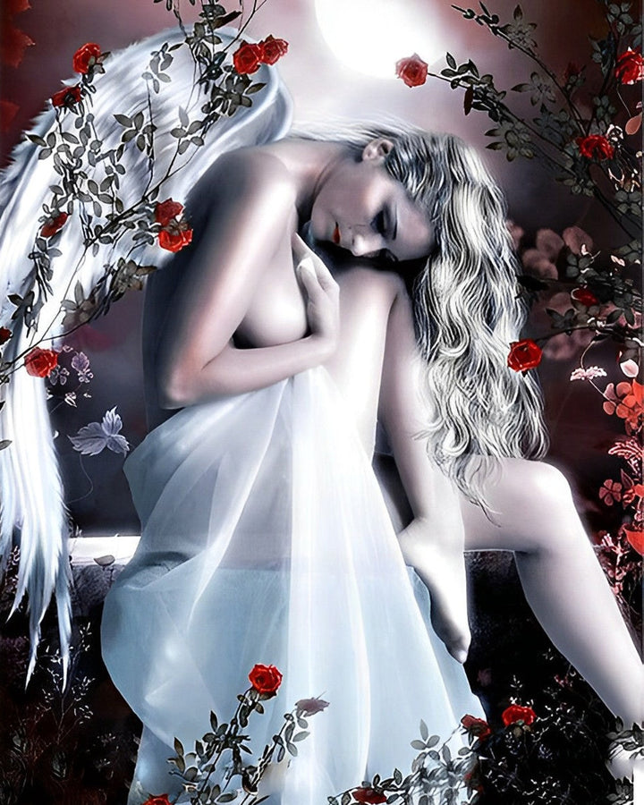 Prachtige Engel en Rode Rozen Diamond Painting