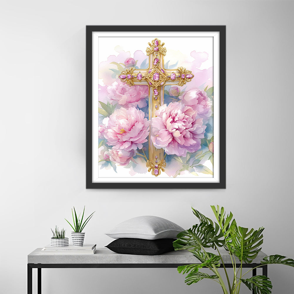 Religieus Symbool omringd door Pioenroosenschoonheid Diamond Painting