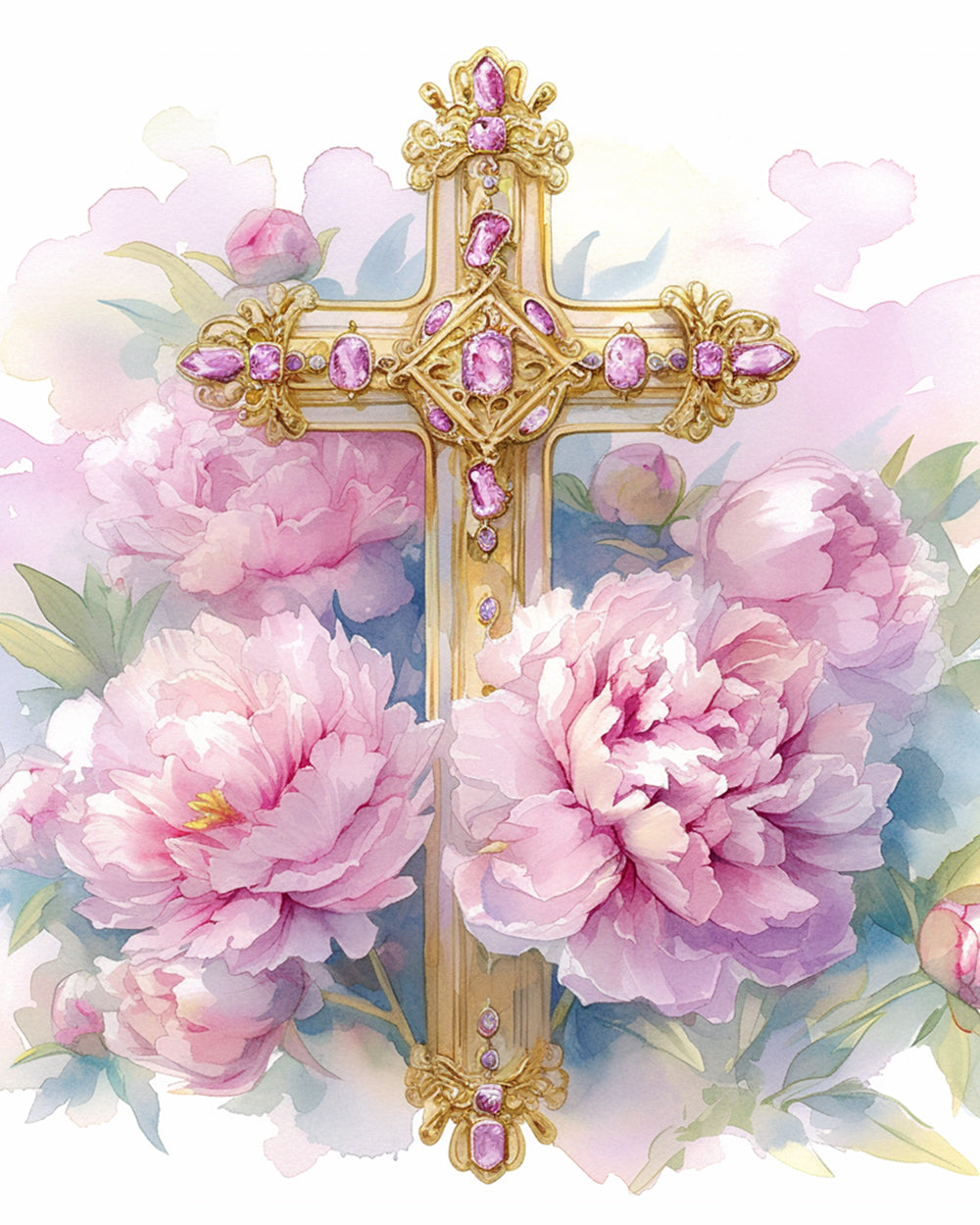 Religieus Symbool omringd door Pioenroosenschoonheid Diamond Painting