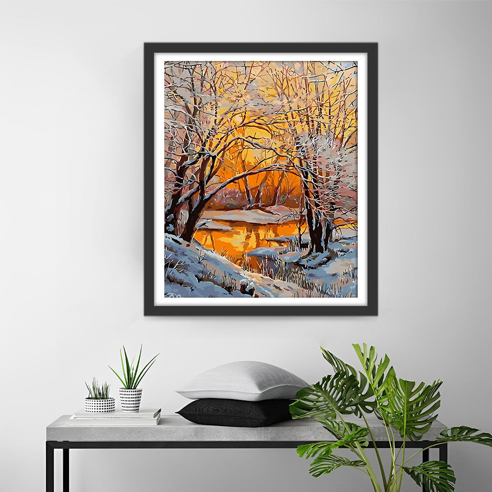 Rivier in Besneeuwd Bos Diamond Painting