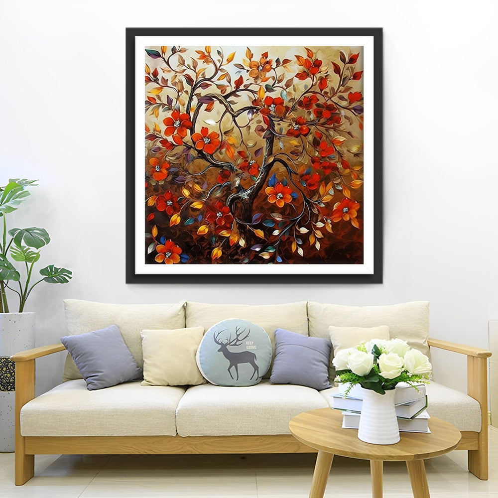 Rode Bloemenboom Diamond Painting