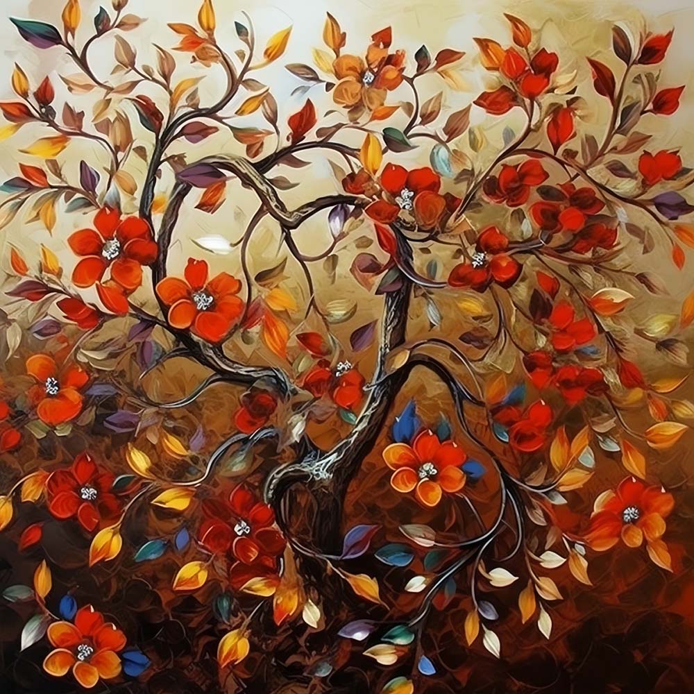 Rode Bloemenboom Diamond Painting