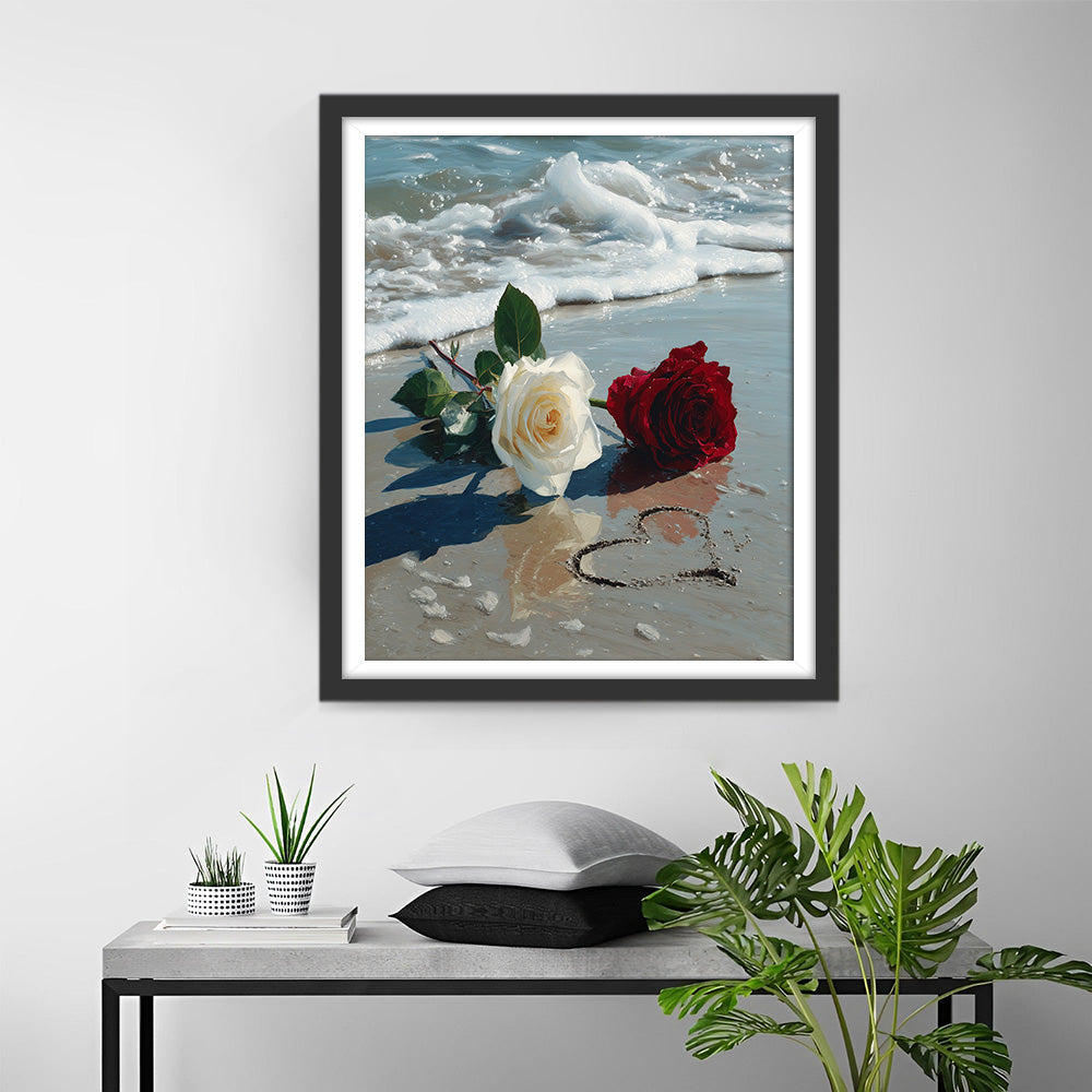 Rode en Witte Rozen op het Strand Diamond Painting