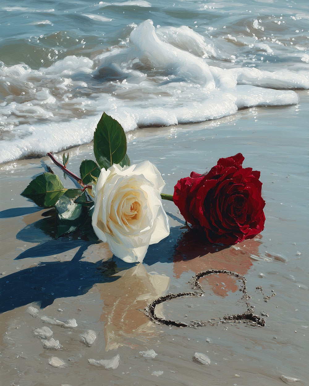 Rode en Witte Rozen op het Strand Diamond Painting