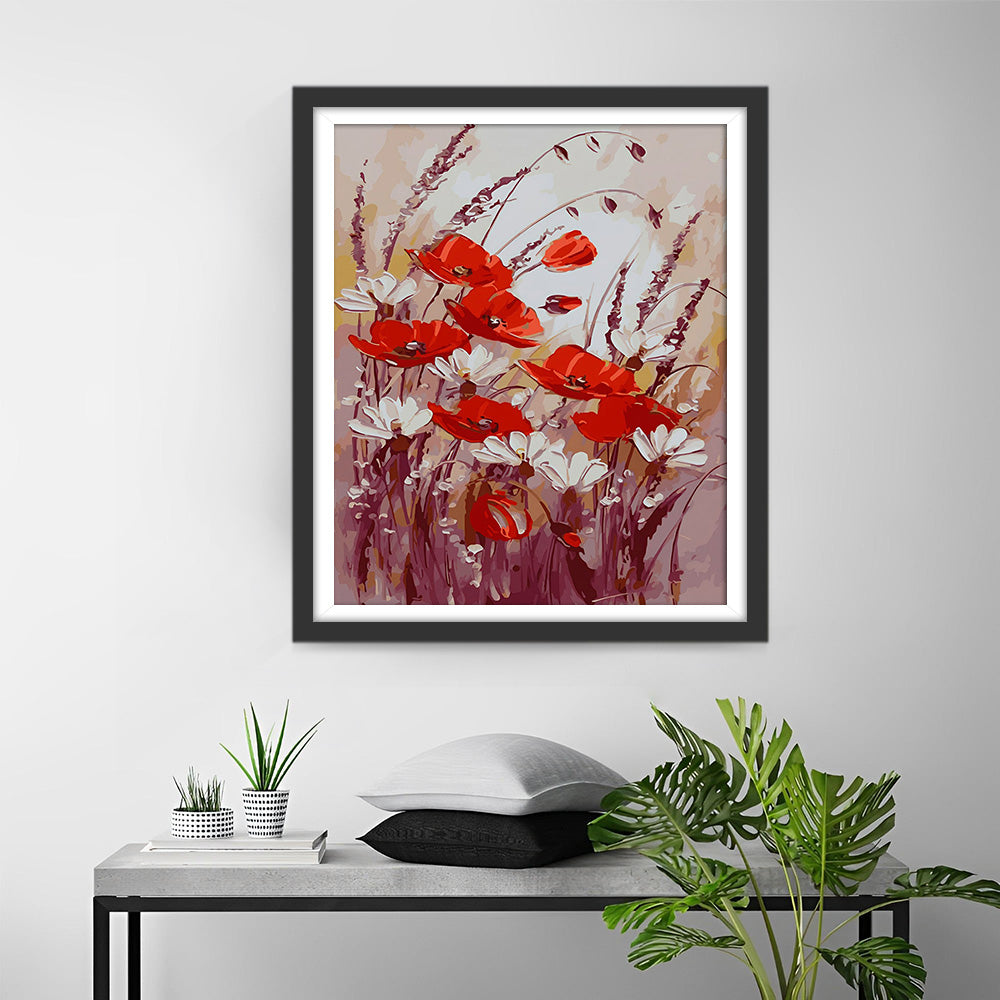 Rode Klaproos en Witte Bloemen Diamond Painting