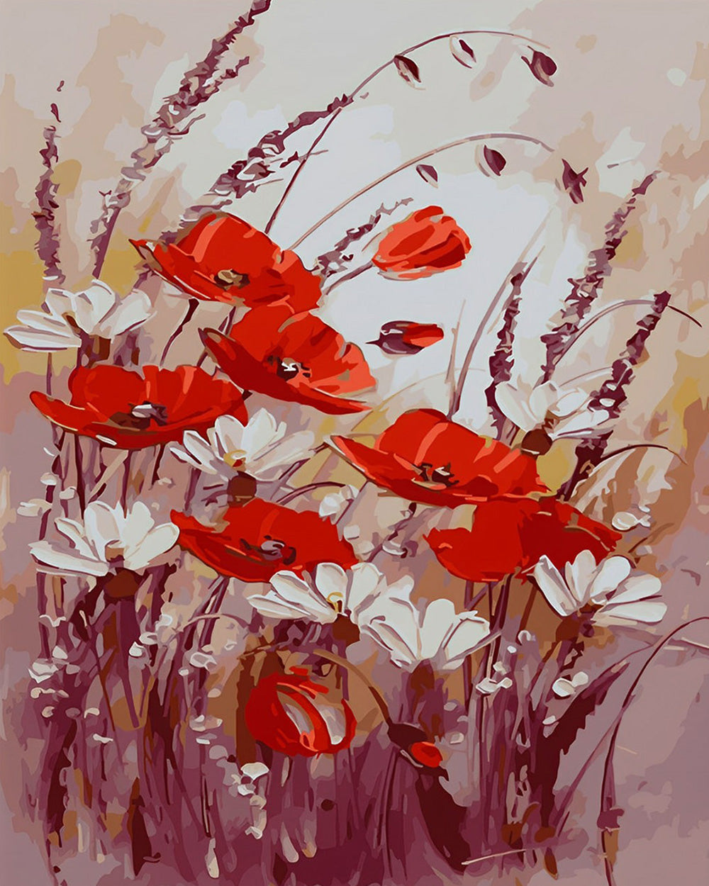 Rode Klaproos en Witte Bloemen Diamond Painting
