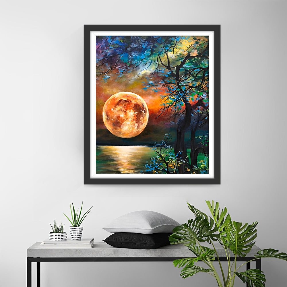 Rode Maan en Boom Bij het Meer Diamond Painting