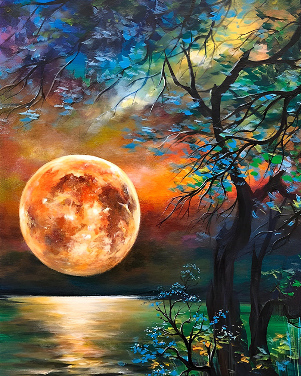 Rode Maan en Boom Bij het Meer Diamond Painting