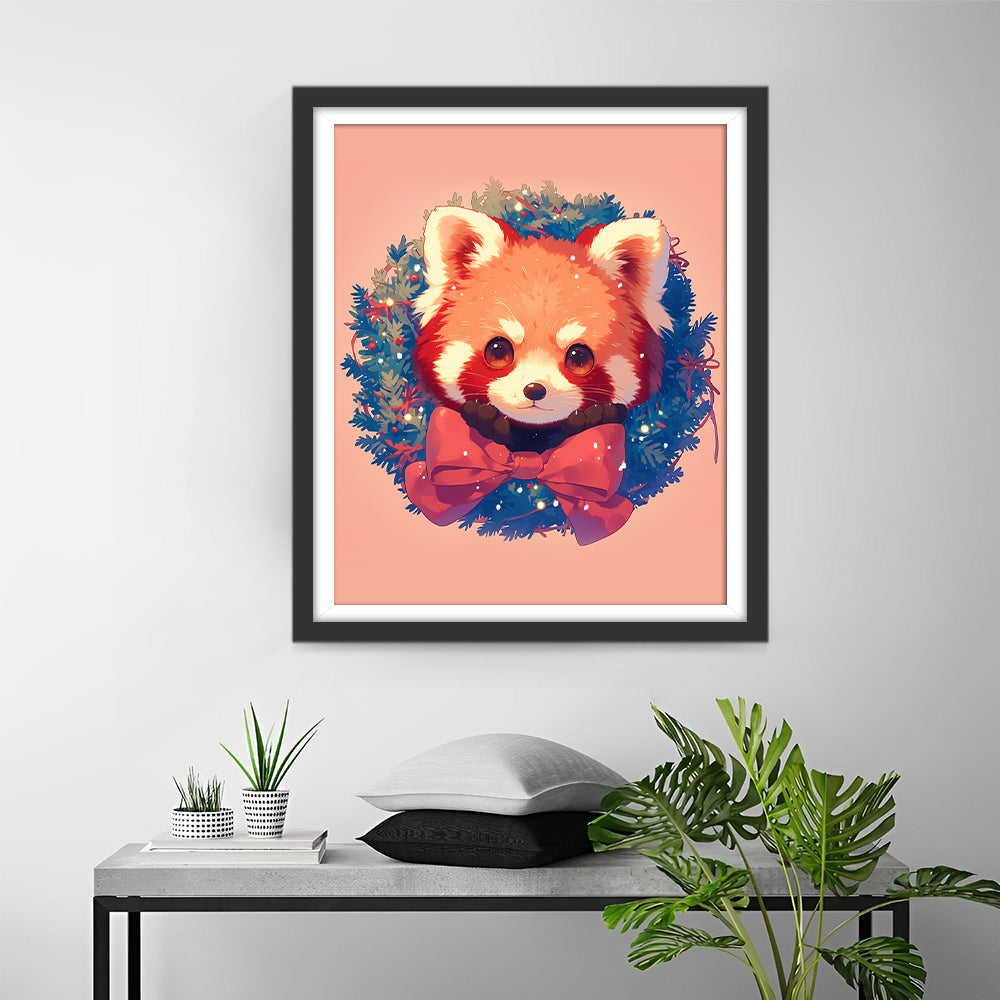 Rode Panda met Kerstkrans Diamond Painting