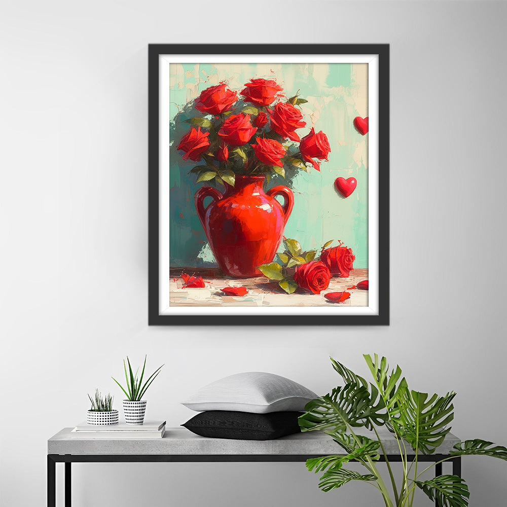 Rode Rozen in een Rode Vaas Diamond Painting