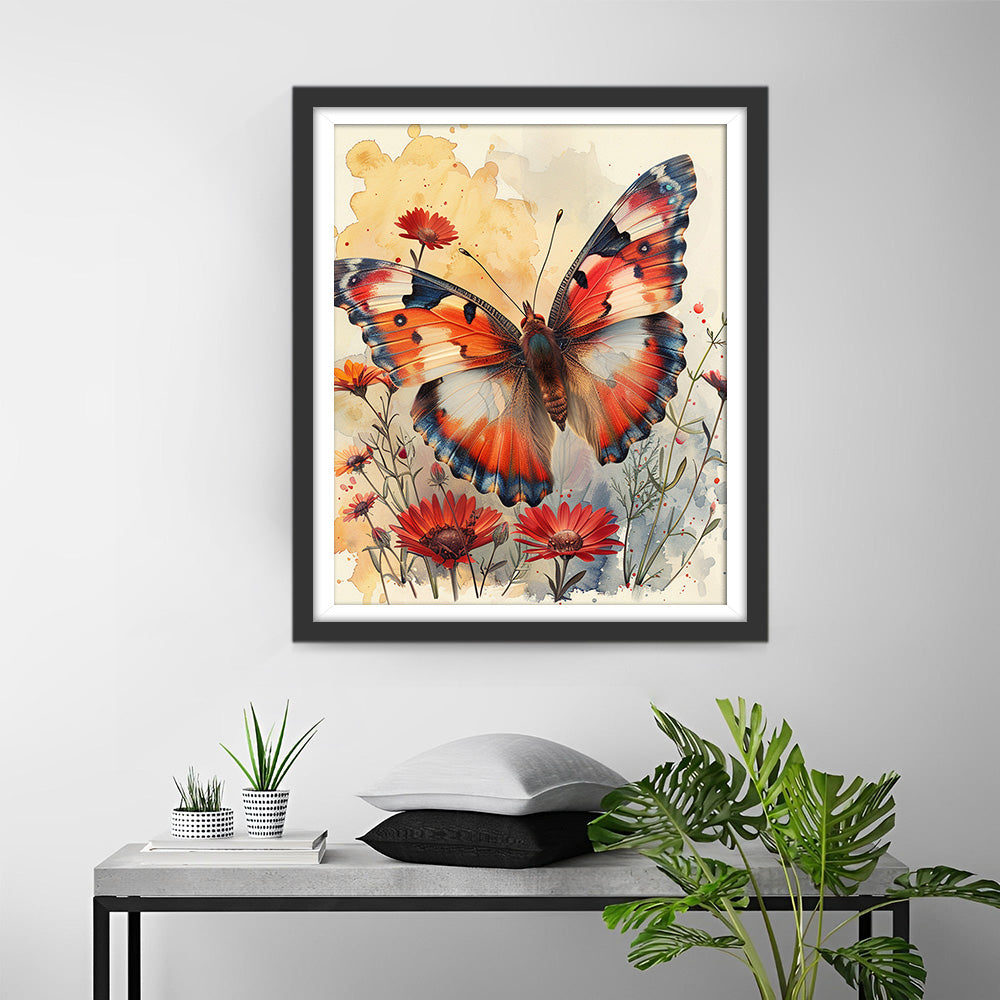 Rode Vlinder en Bloemen Diamond Painting
