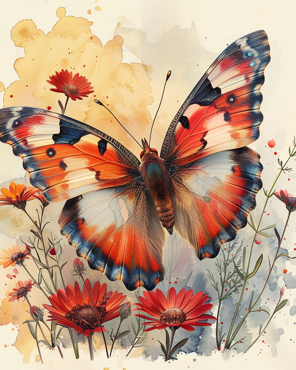 Rode Vlinder en Bloemen Diamond Painting