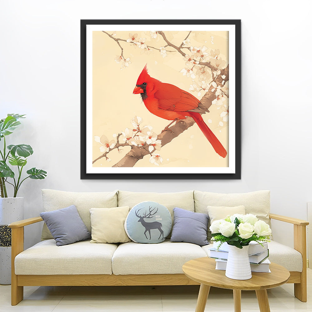Rode Vogel op Bloeiende Boom Diamond Painting
