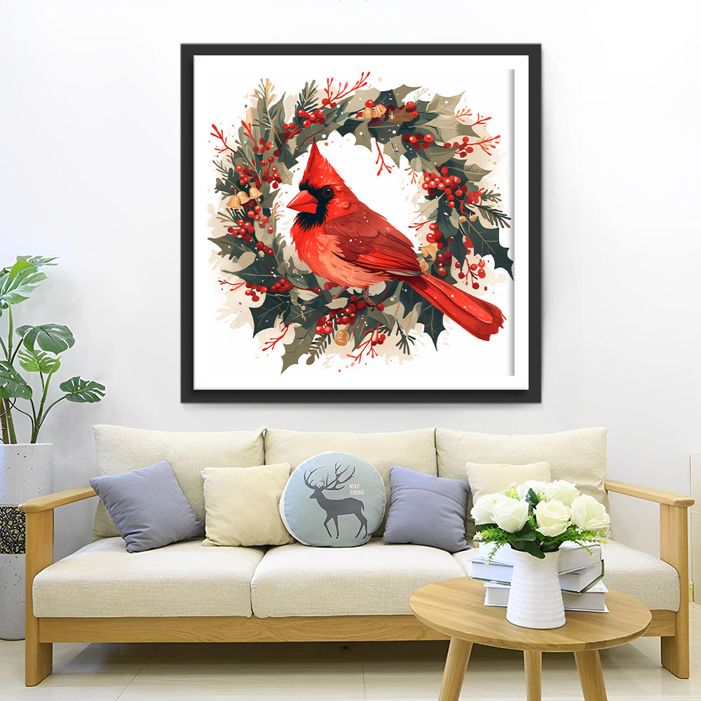 Rode Vogel op Kerstkrans Diamond Painting