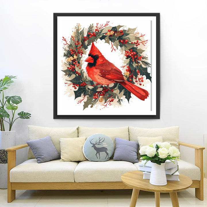 Rode Vogel op Kerstkrans Diamond Painting