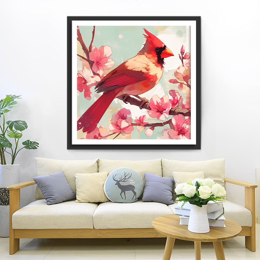 Rode Vogel op Roze Bloementakken Diamond Painting