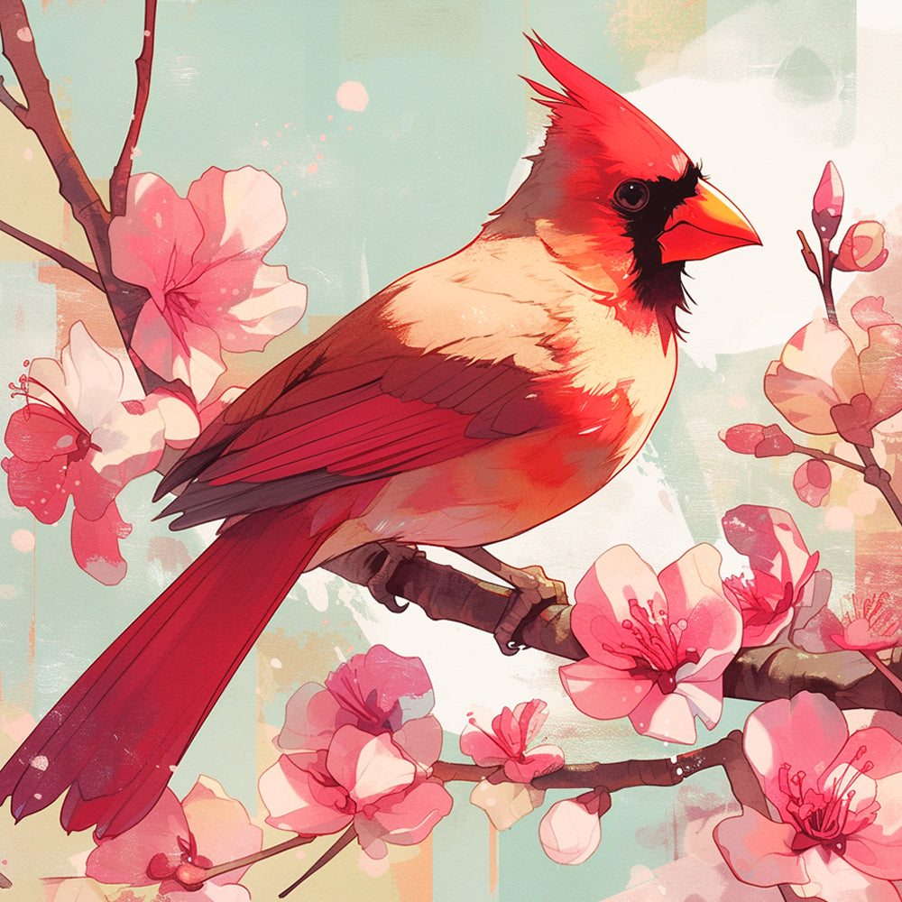 Rode Vogel op Roze Bloementakken Diamond Painting