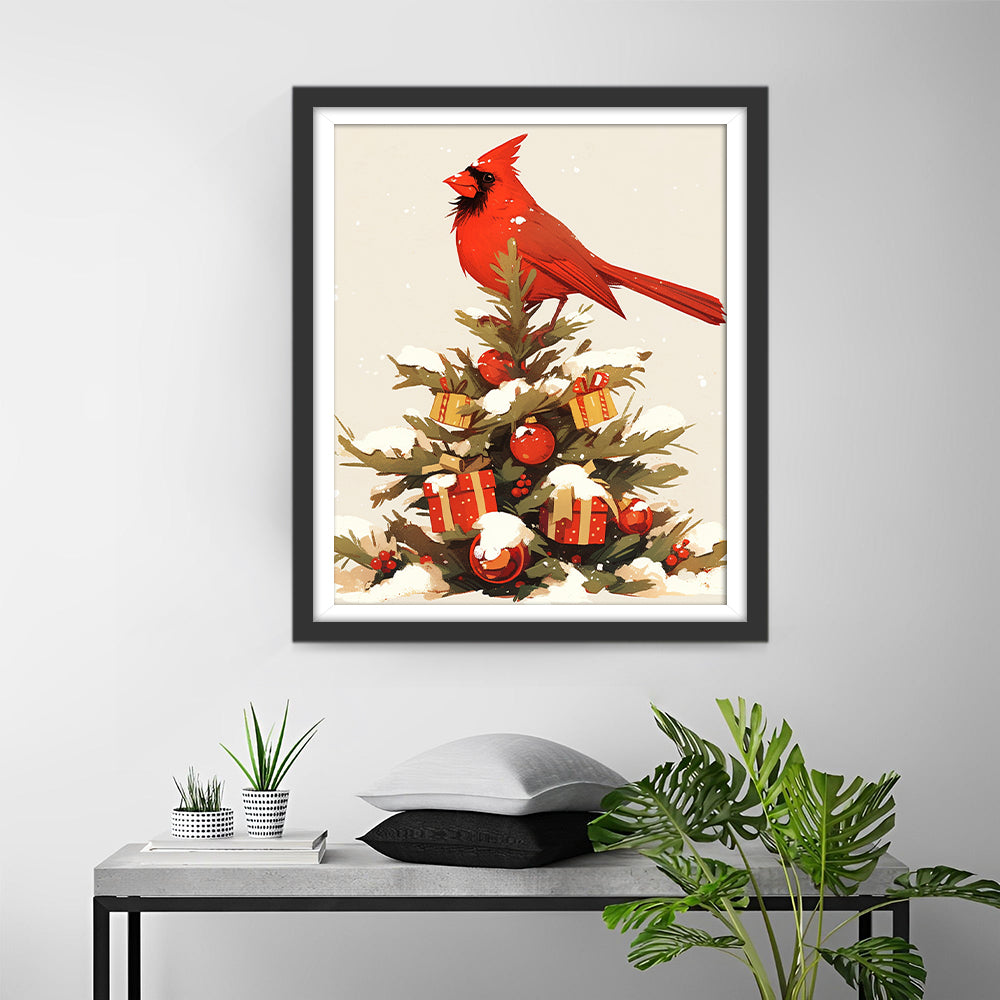 Rode Vogel op Versierde Kerstboom met Geschenken Diamond Painting