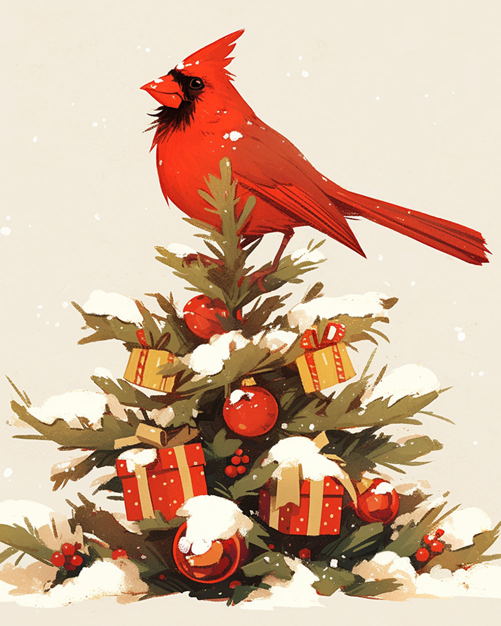 Rode Vogel op Versierde Kerstboom met Geschenken Diamond Painting