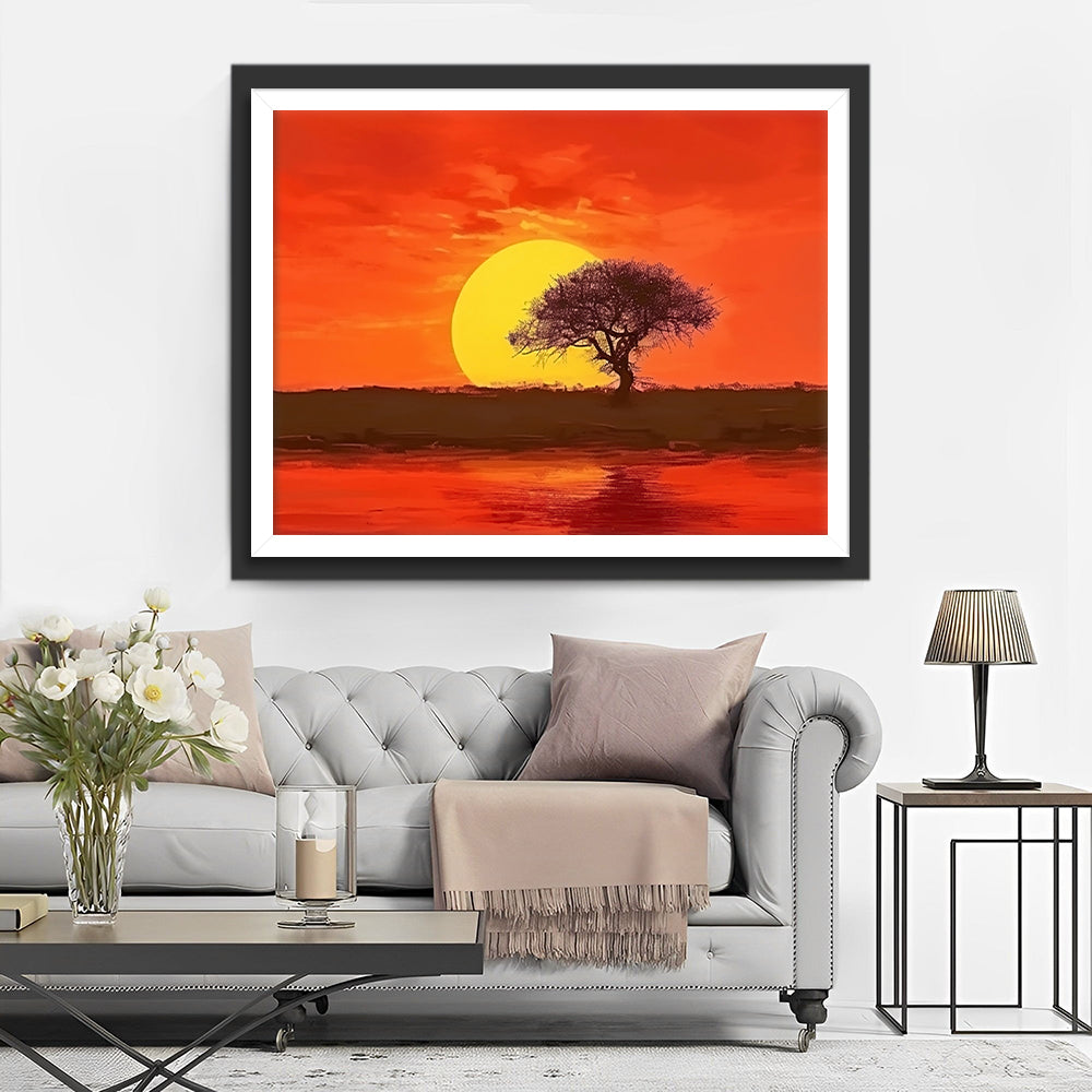 Rode Zon en Dorre Bomen Diamond Painting