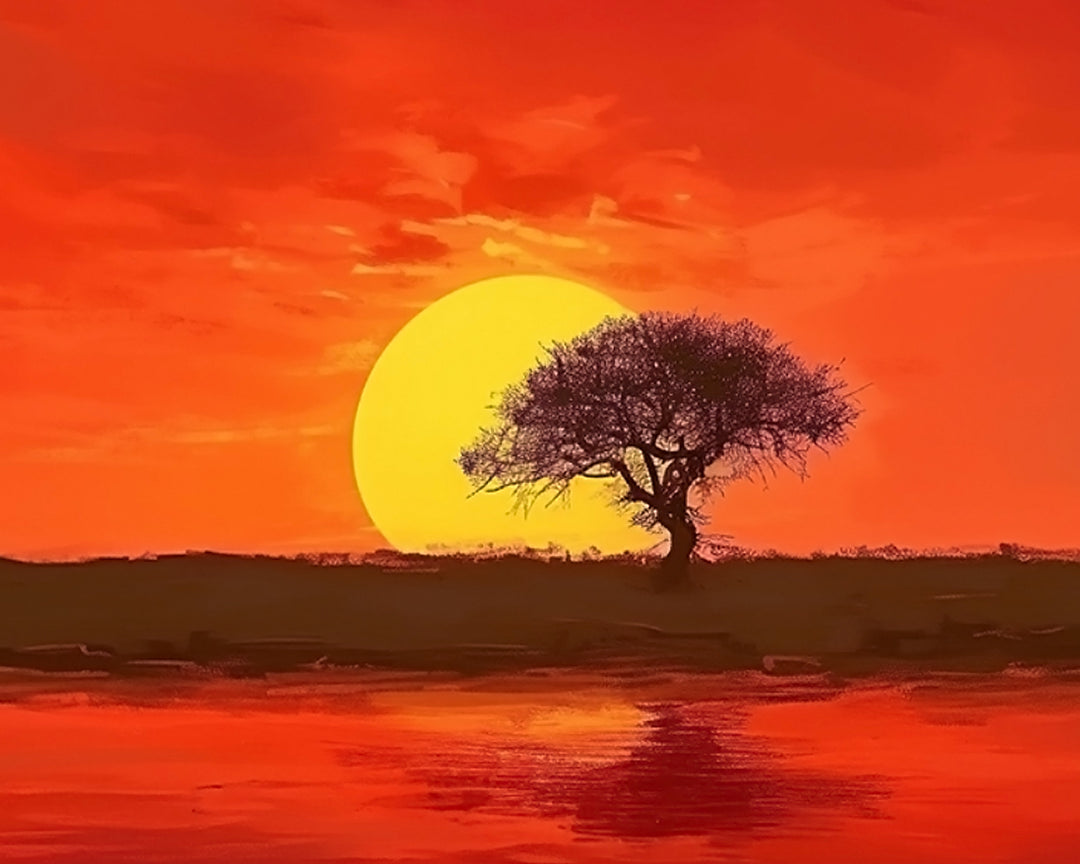Rode Zon en Dorre Bomen Diamond Painting
