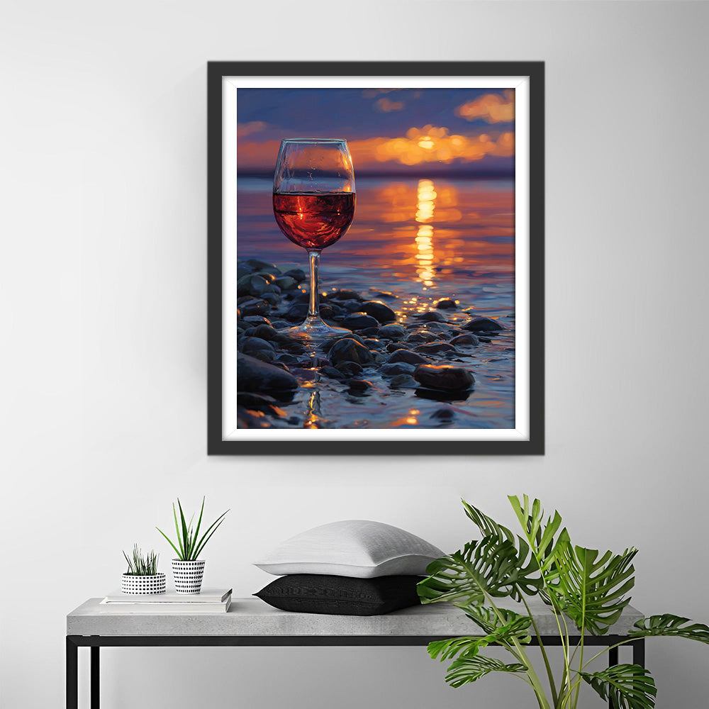 Rood Wijnglas bij de Zee Diamond Painting