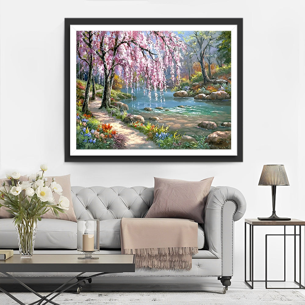 Roze Bloeiende Bomen bij de Rivier Diamond Painting