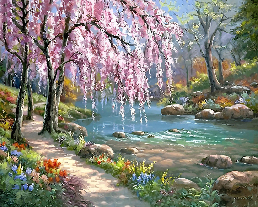 Roze Bloeiende Bomen bij de Rivier Diamond Painting
