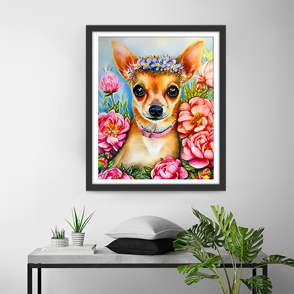 Roze Bloemen Chihuahua Diamond Painting
