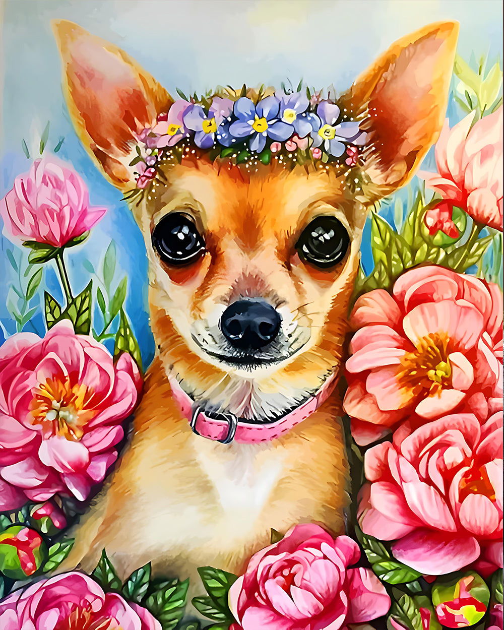 Roze Bloemen Chihuahua Diamond Painting