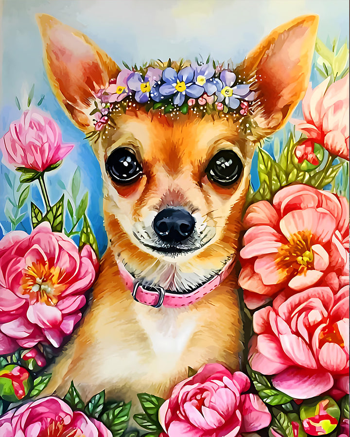 Roze Bloemen Chihuahua Diamond Painting