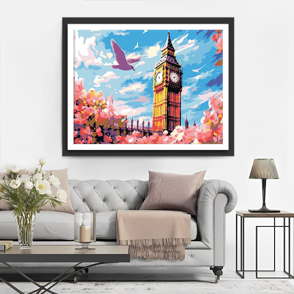 Roze Bloemen en Big Ben Diamond Painting