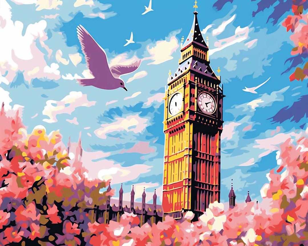 Roze Bloemen en Big Ben Diamond Painting