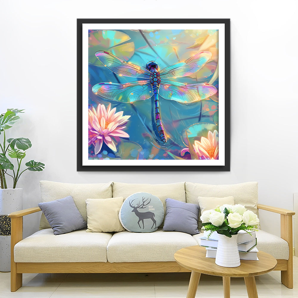 Roze Bloemen en een Blauwe Libel Diamond Painting