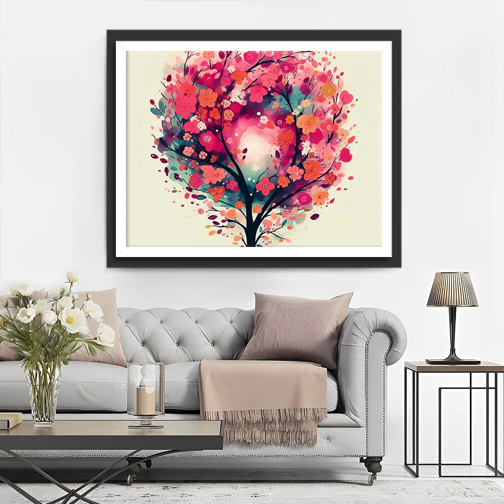 Roze Bloemenboom Diamond Painting