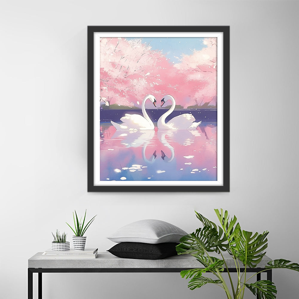 Roze Bloemenboom en Witte Zwanen Diamond Painting
