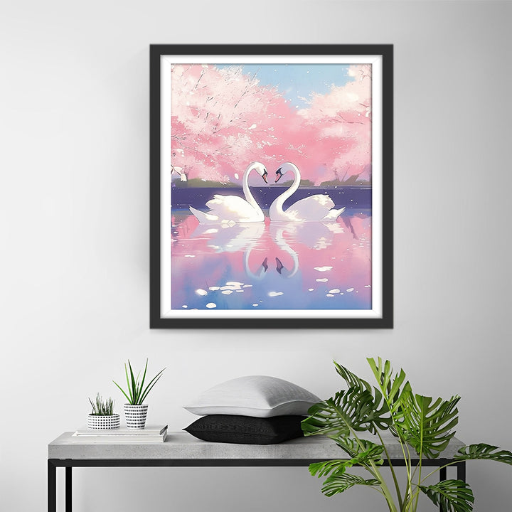 Roze Bloemenboom en Witte Zwanen Diamond Painting
