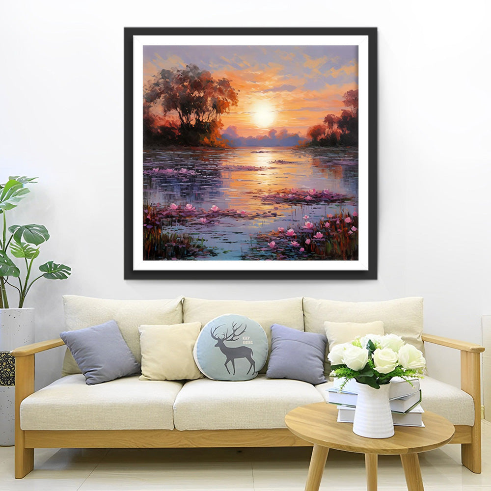 Roze Bloemenmeer bij Zonsondergang Diamond Painting