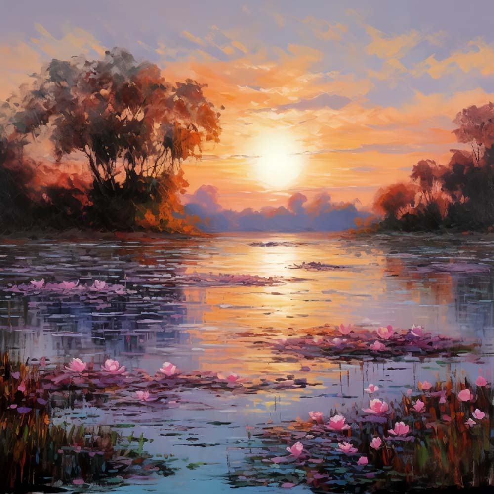 Roze Bloemenmeer bij Zonsondergang Diamond Painting
