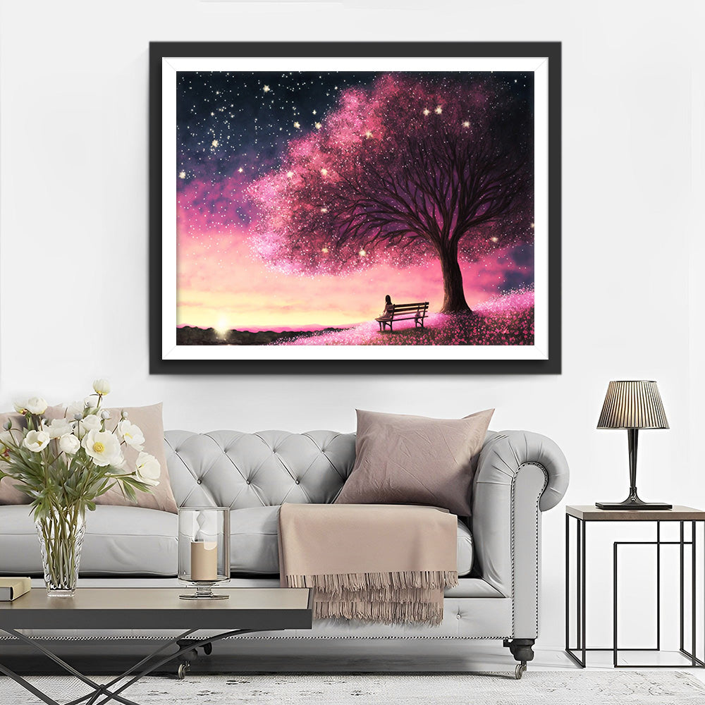 Roze Bloemenveld onder Bloemenbomen 's Nachts Diamond Painting