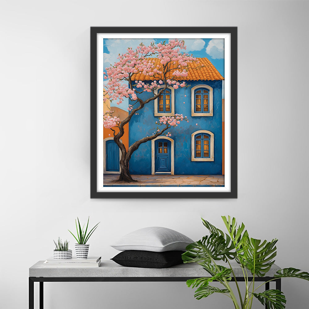 Roze Bloesemboom voor Blauw Huis Diamond Painting