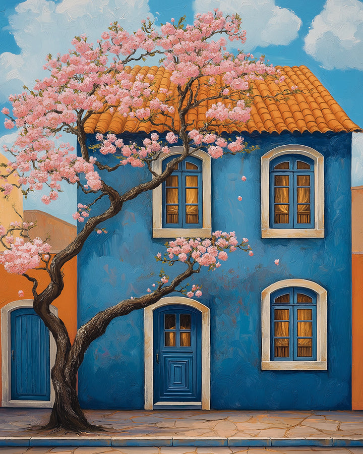 Roze Bloesemboom voor Blauw Huis Diamond Painting