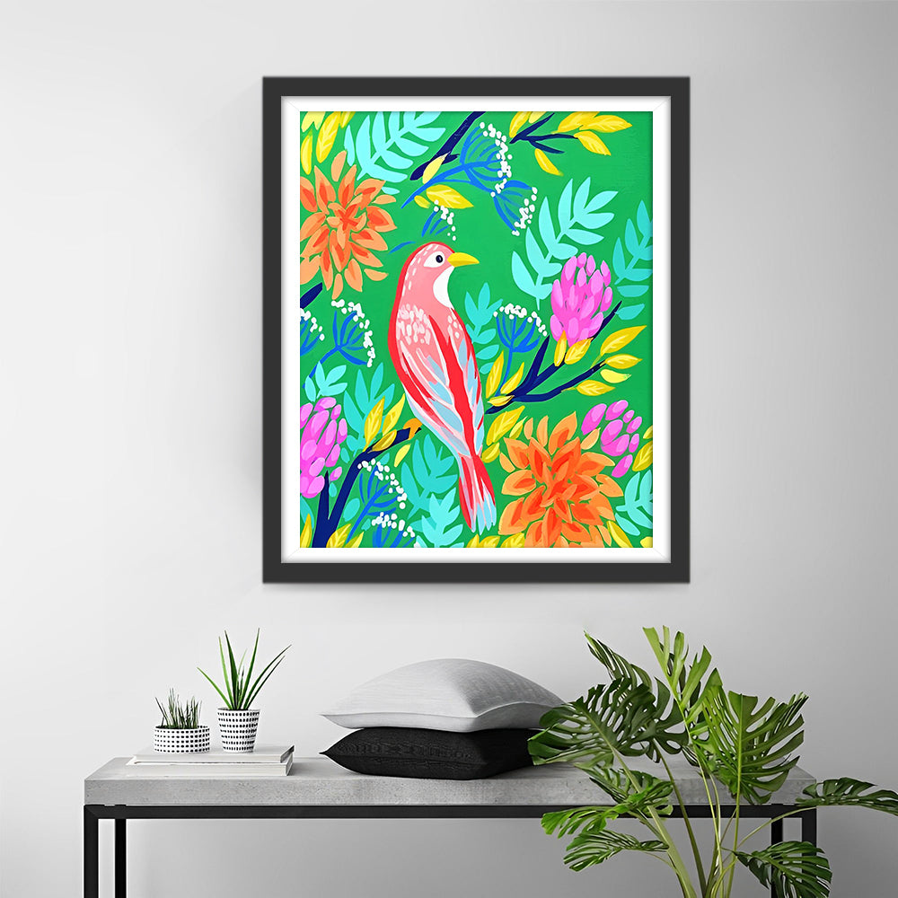 Roze Cartoon Vogel op de Tak Diamond Painting
